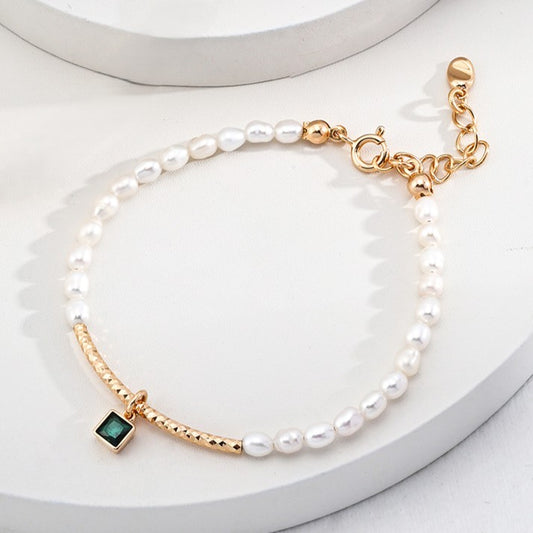 Green Zircon Pendant Pearl Bracelet