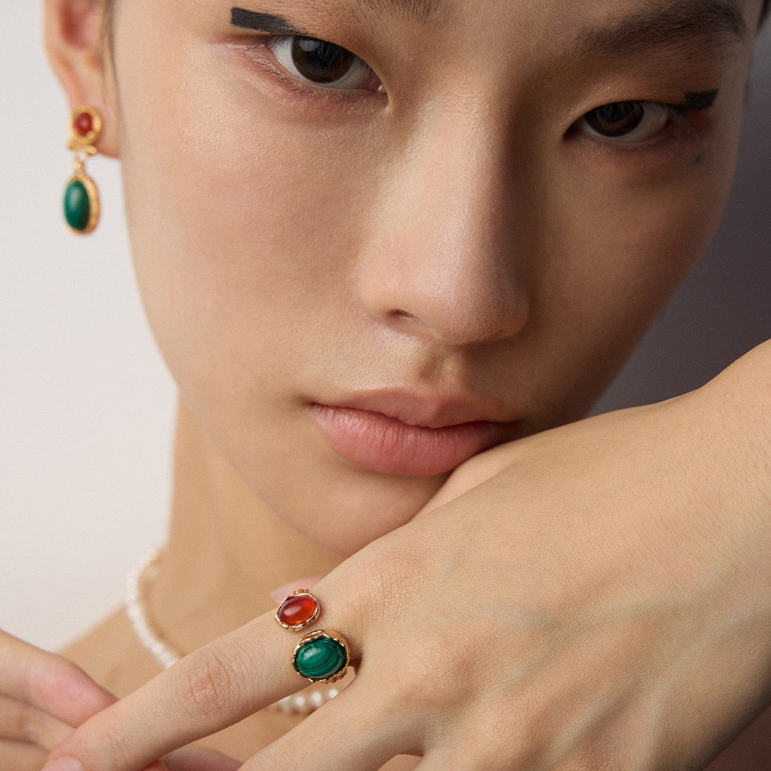 Malachite&Red Agate/Tiger-Eye Stone Ring
