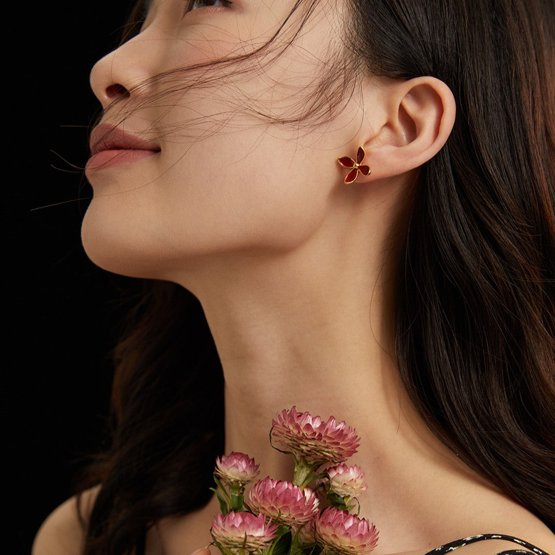 Flower Shaped Red Enamel Earrings