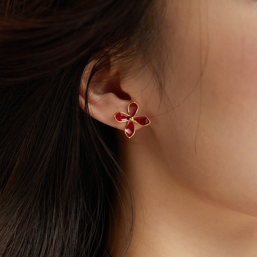 Flower Shaped Red Enamel Earrings