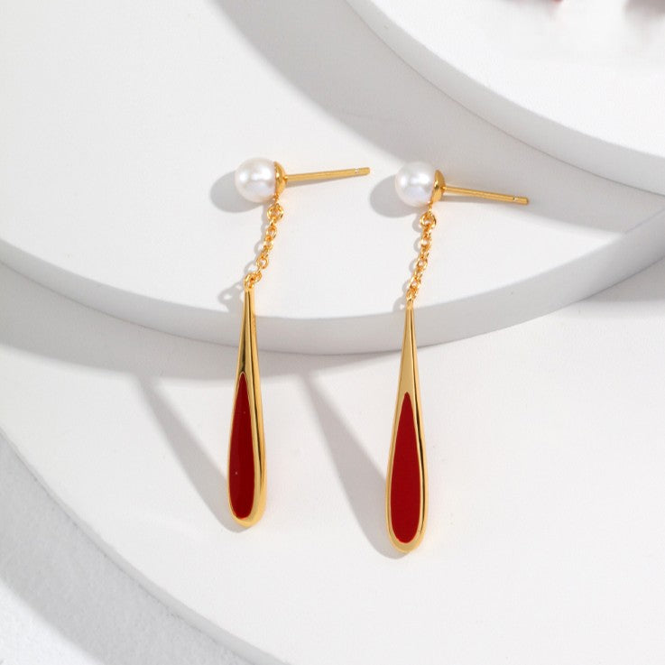 Drop Shaped&Red Enamel Earrings