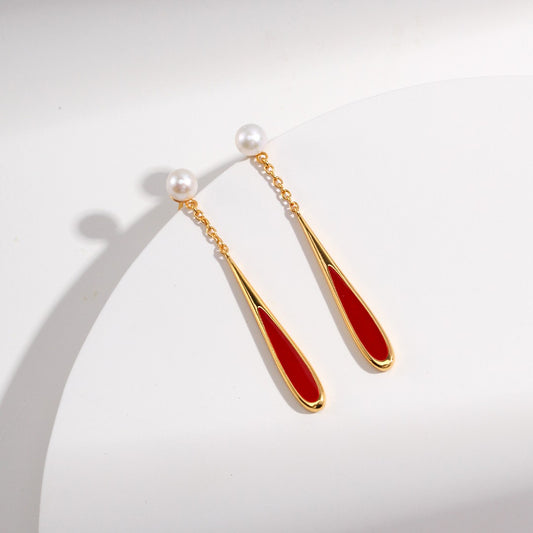 Drop Shaped&Red Enamel Earrings