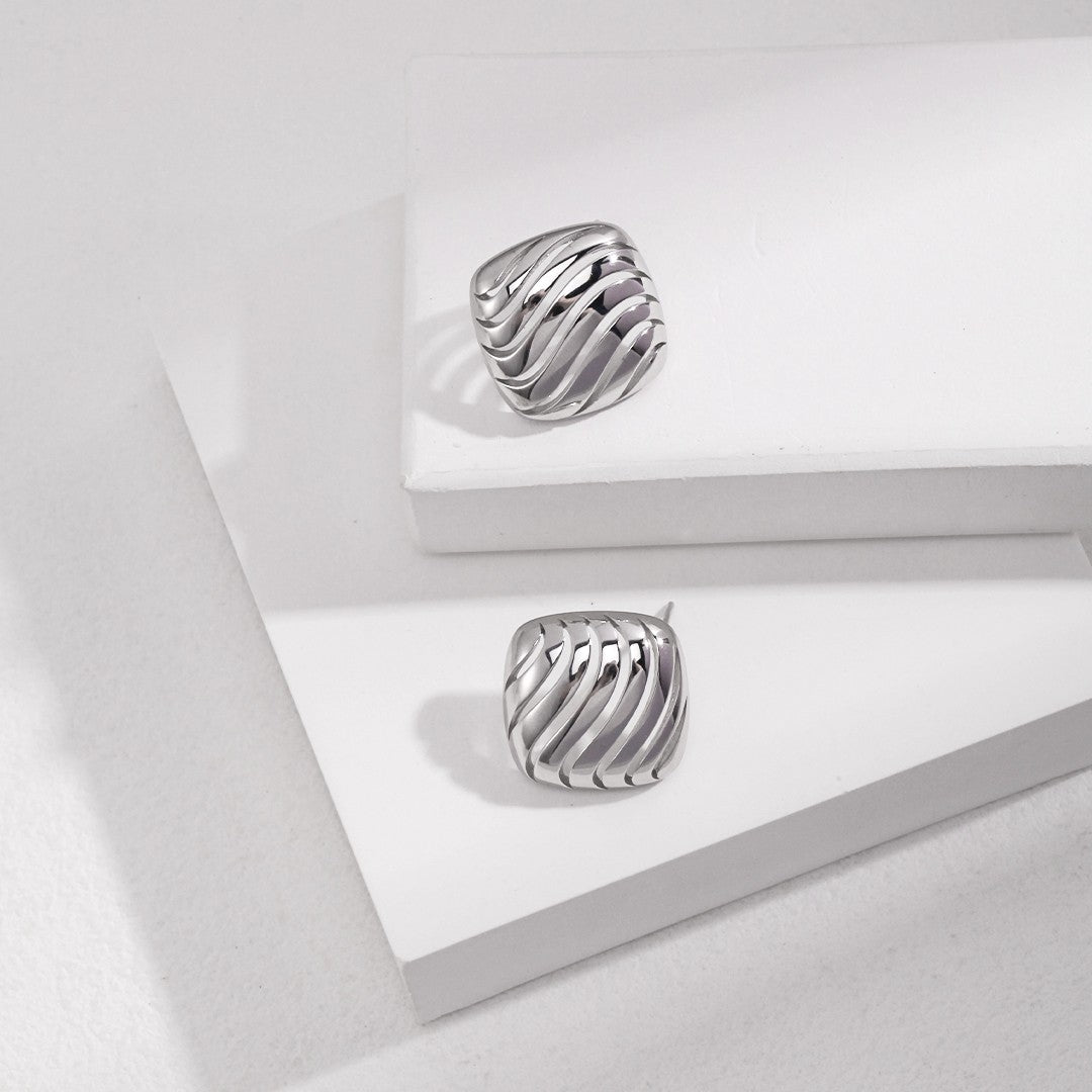 Hollow Cube Silver Earrings
