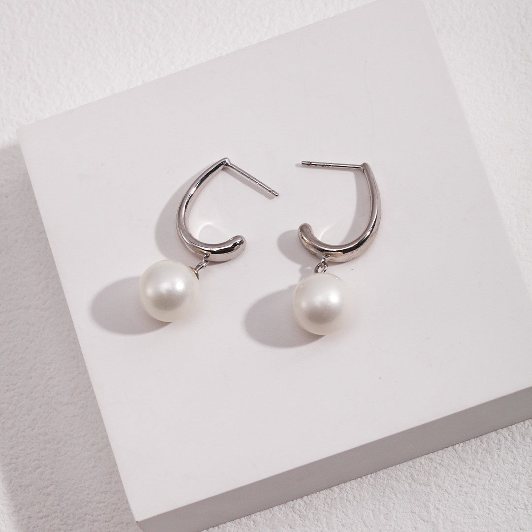 Arc Shaped Shell Bead Pendant Silver Earrings