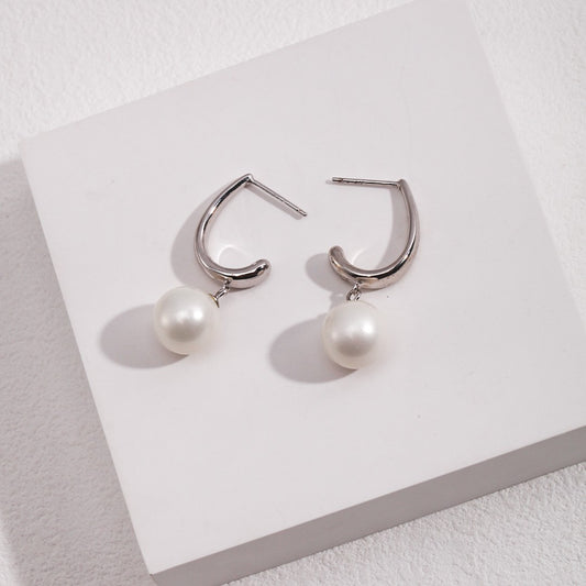 Arc Shaped Shell Bead Pendant Silver Earrings