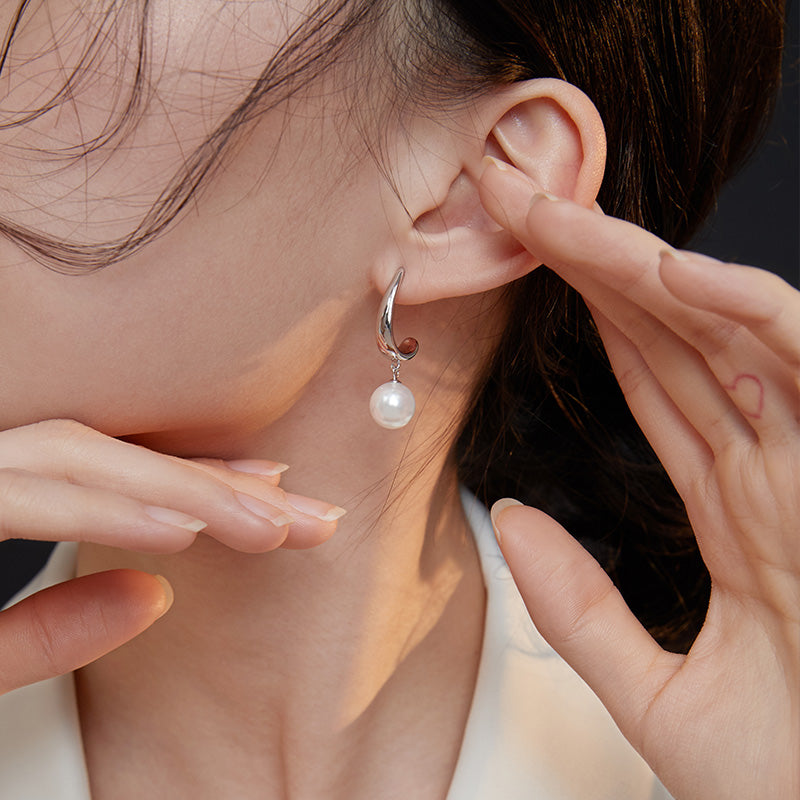 Arc Shaped Shell Bead Pendant Silver Earrings