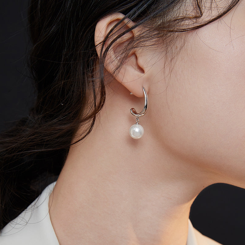 Arc Shaped Shell Bead Pendant Silver Earrings