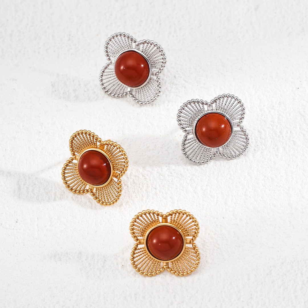 Clover Shaped Red Agate Stud Earrings