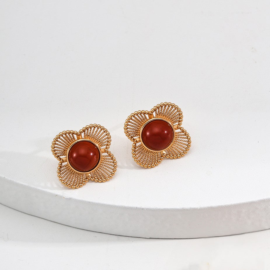 Clover Shaped Red Agate Stud Earrings