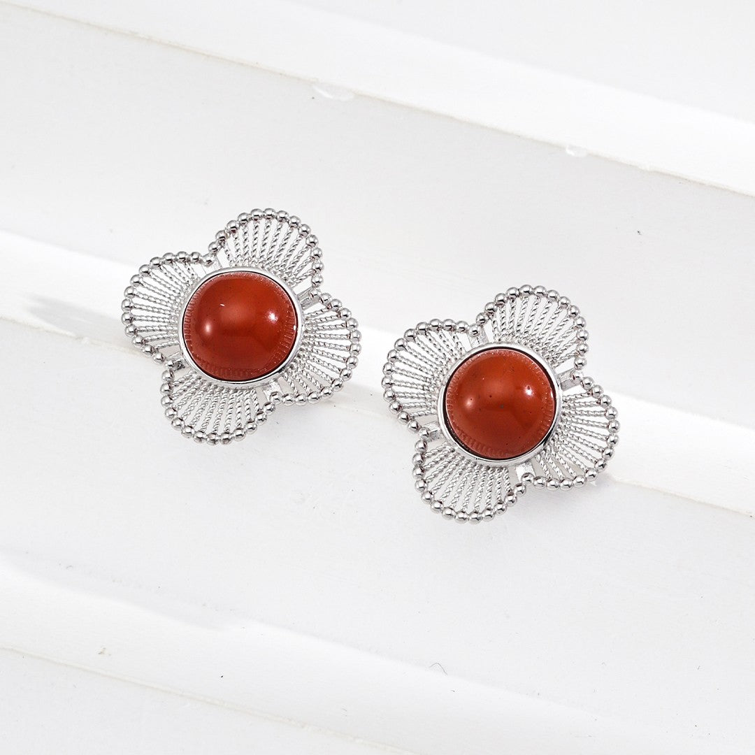 Clover Shaped Red Agate Stud Earrings