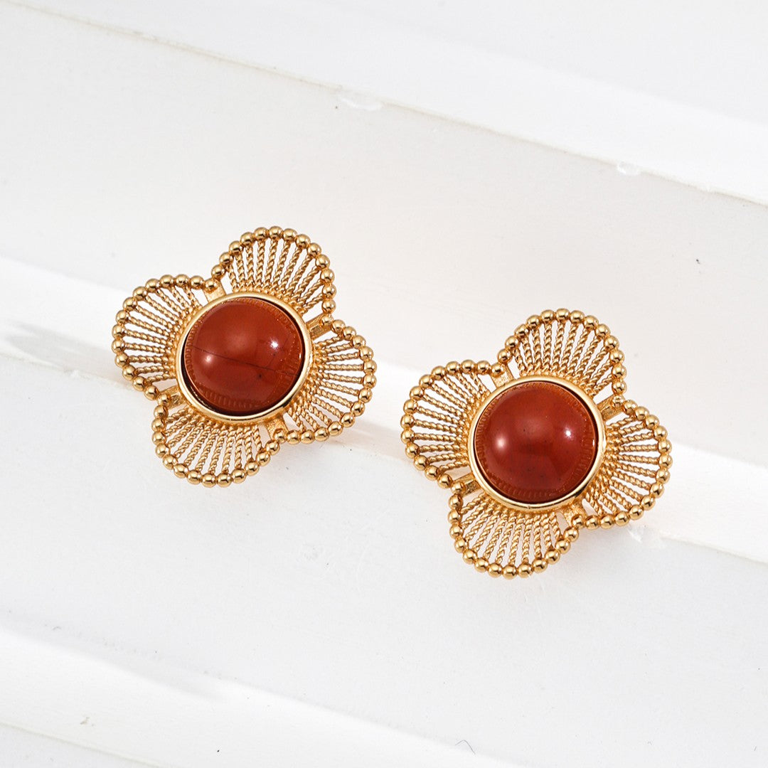 Clover Shaped Red Agate Stud Earrings