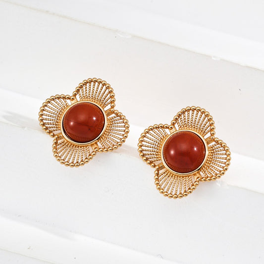Clover Shaped Red Agate Stud Earrings