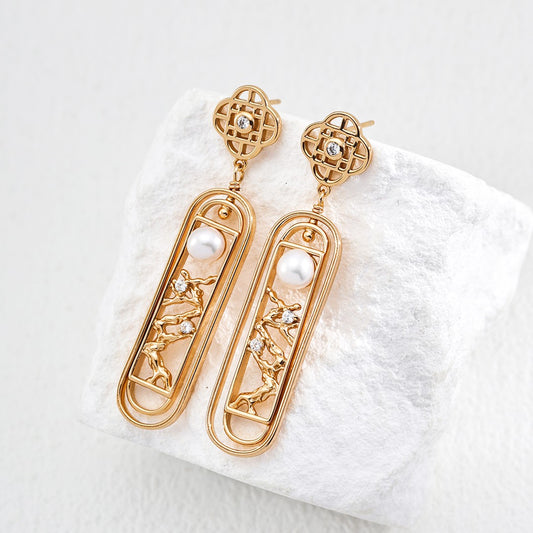 Pearl&Zircon Inlaid Pendant Earrings