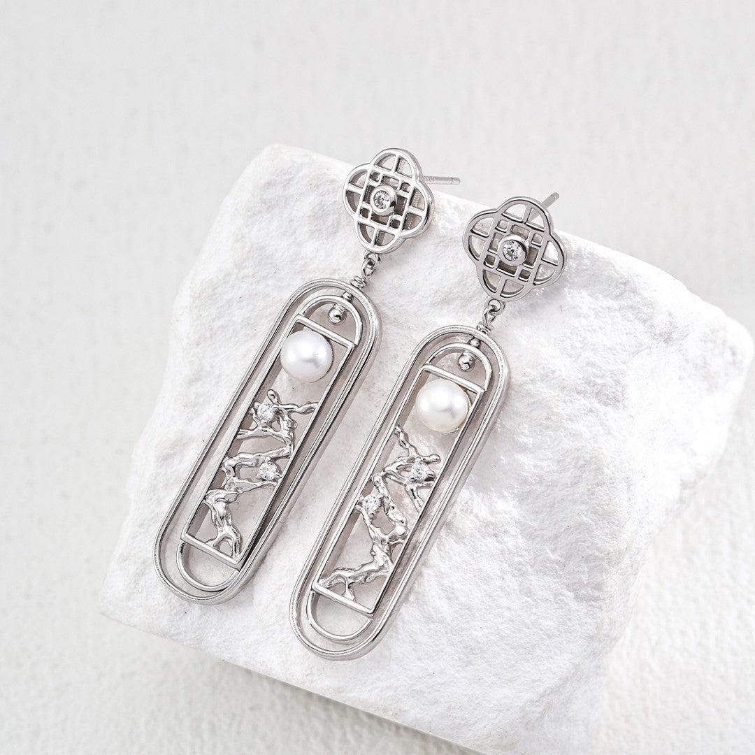 Pearl&Zircon Inlaid Pendant Earrings