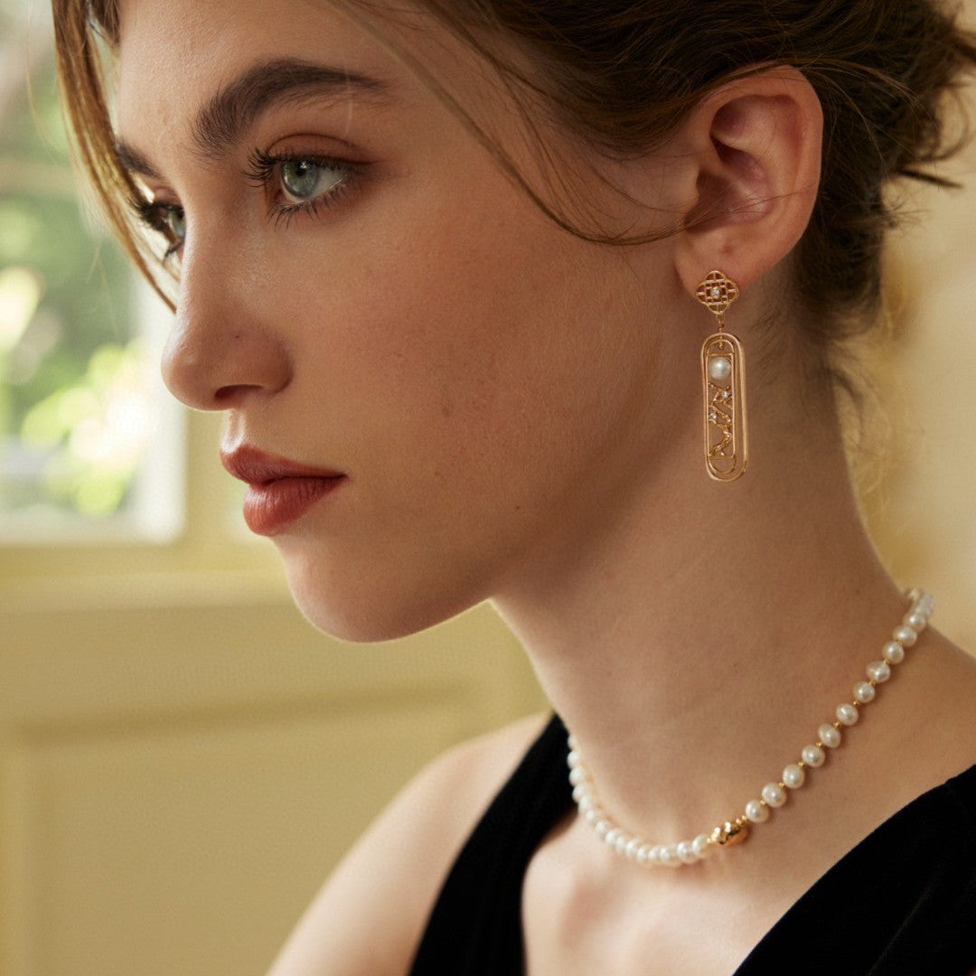 Pearl&Zircon Inlaid Pendant Earrings