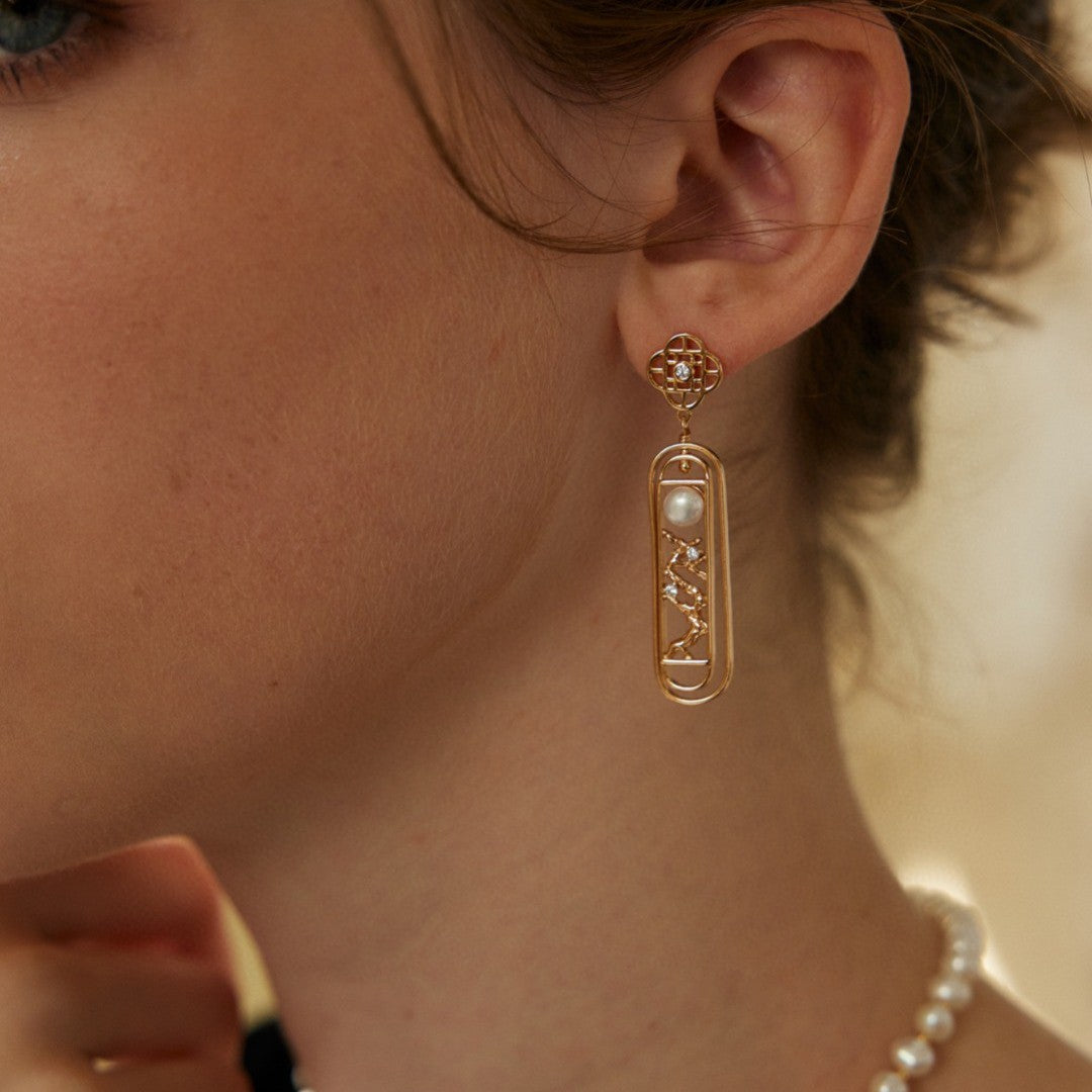 Pearl&Zircon Inlaid Pendant Earrings