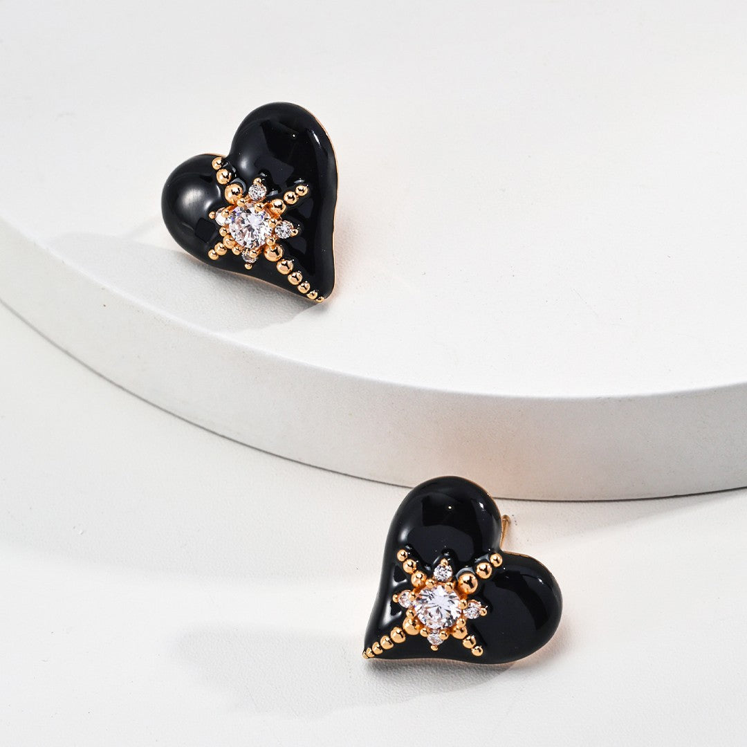 Black Enamel Heart-Shaped Earrings