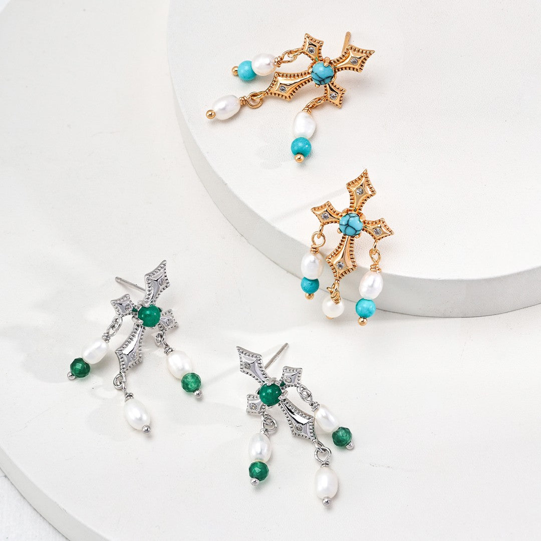 Turquoise/Green Agate&Pearl Earrings