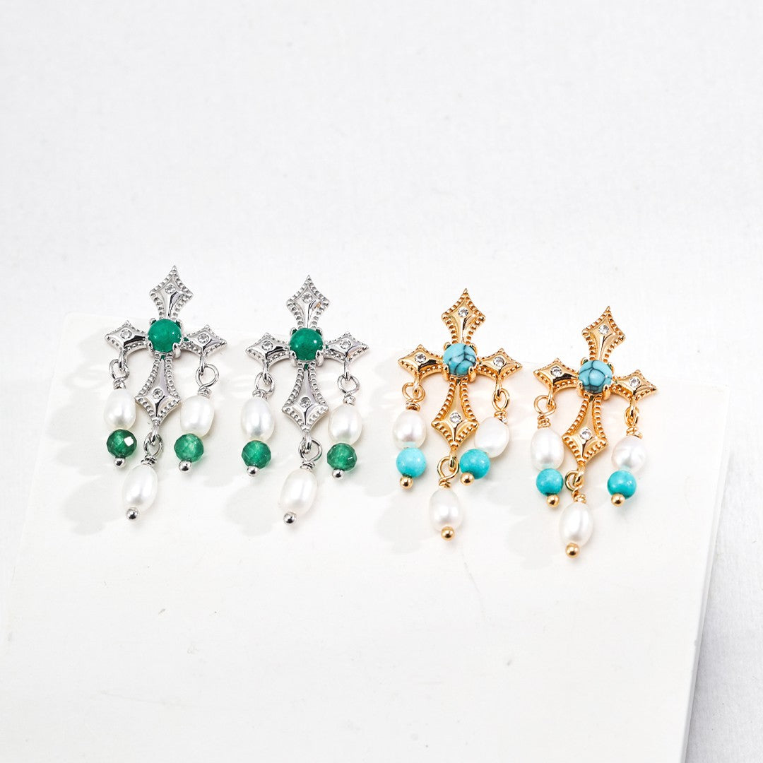 Turquoise/Green Agate&Pearl Earrings