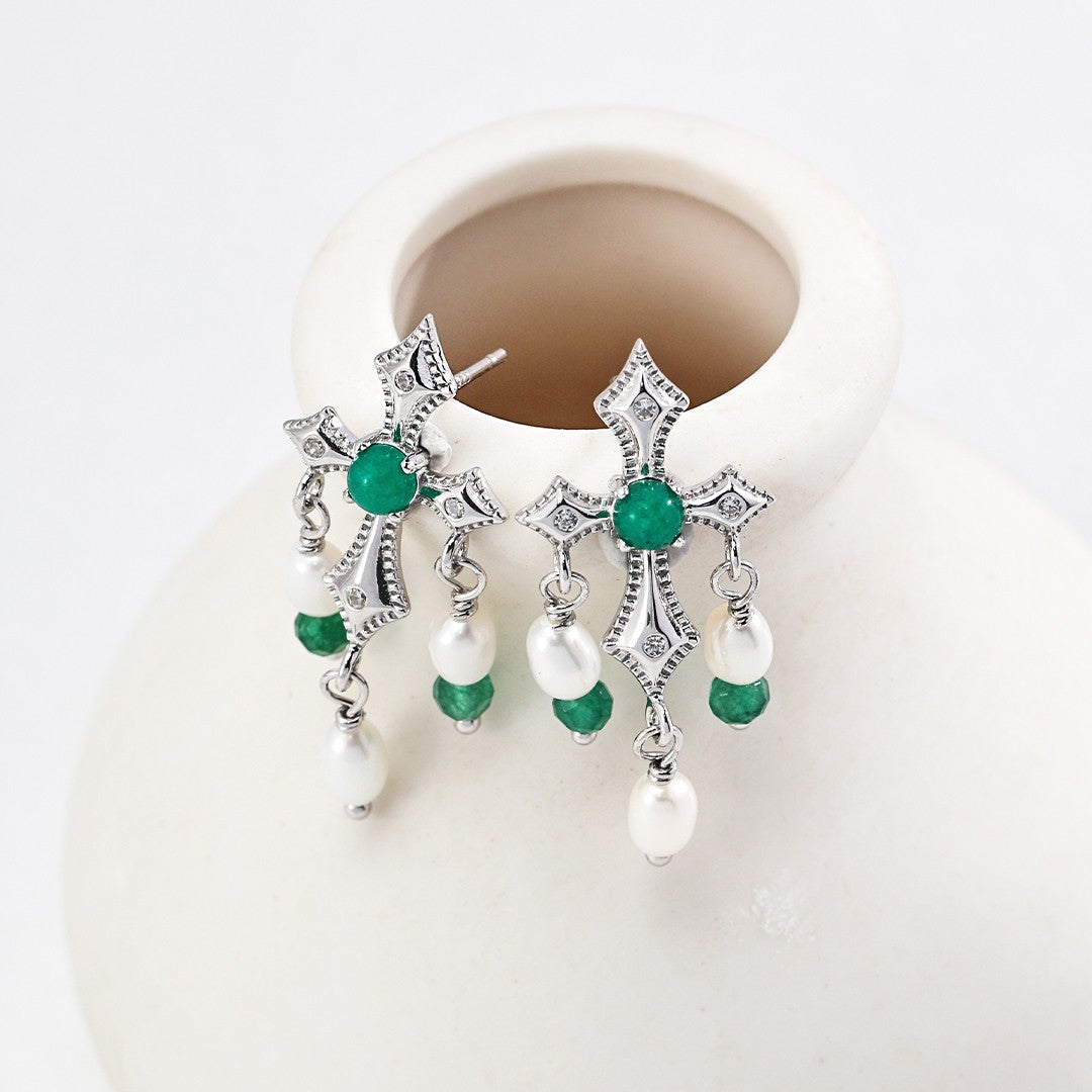Turquoise/Green Agate&Pearl Earrings