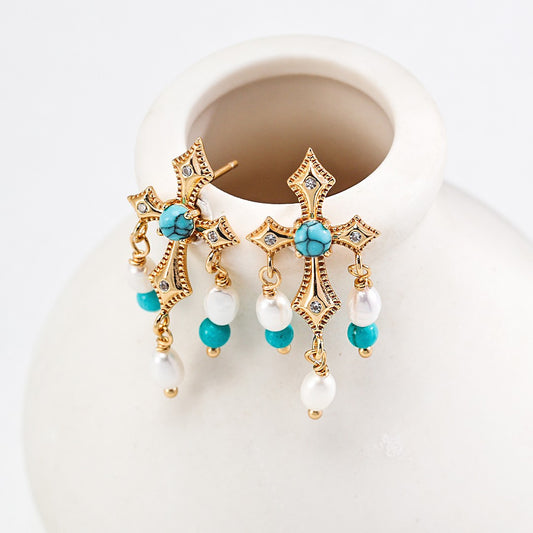 Turquoise/Green Agate&Pearl Earrings