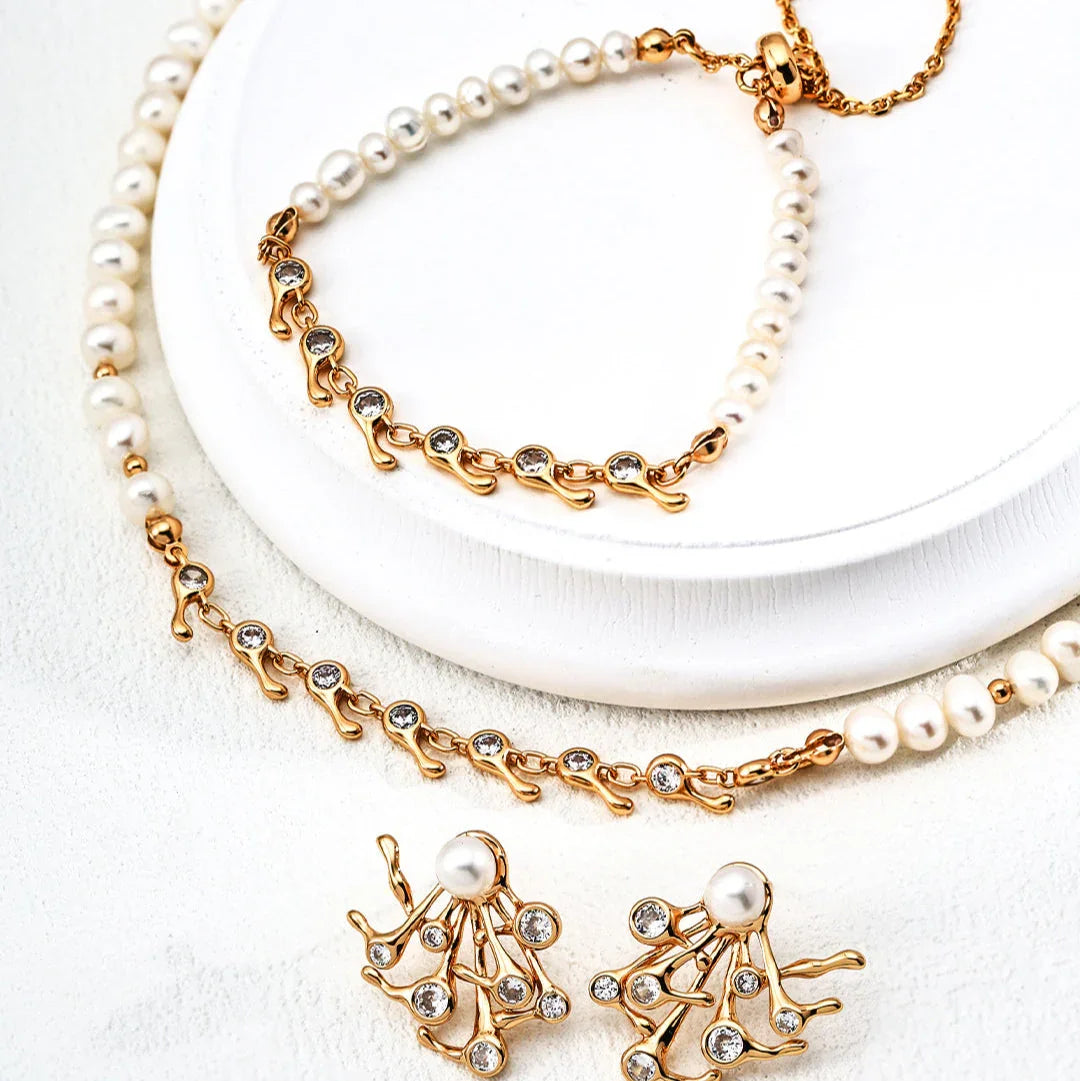 Chanqinfang jewelry set with pearl and gold-tone chain bracelet, necklace, and matching rhinestone cluster earrings