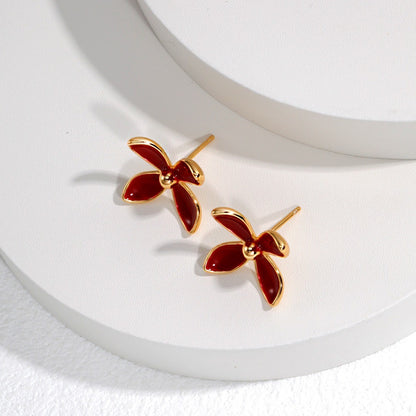 Flower Shaped Red Enamel Earrings