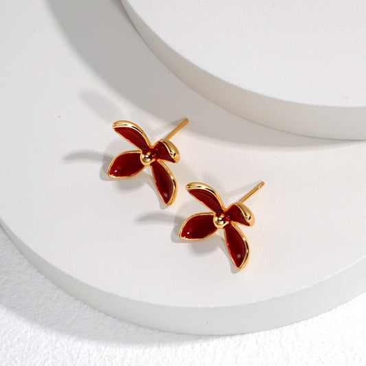 Flower Shaped Red Enamel Earrings
