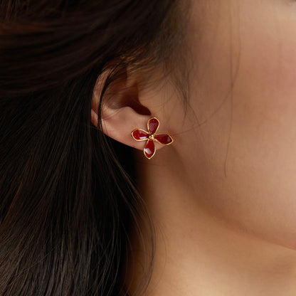 Flower Shaped Red Enamel Earrings