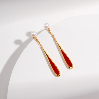 Drop Shaped＆Red Enamel Earrings