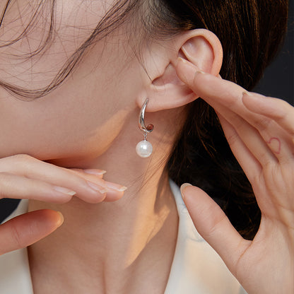 Arc Shaped Shell Bead Pendant Silver Earrings