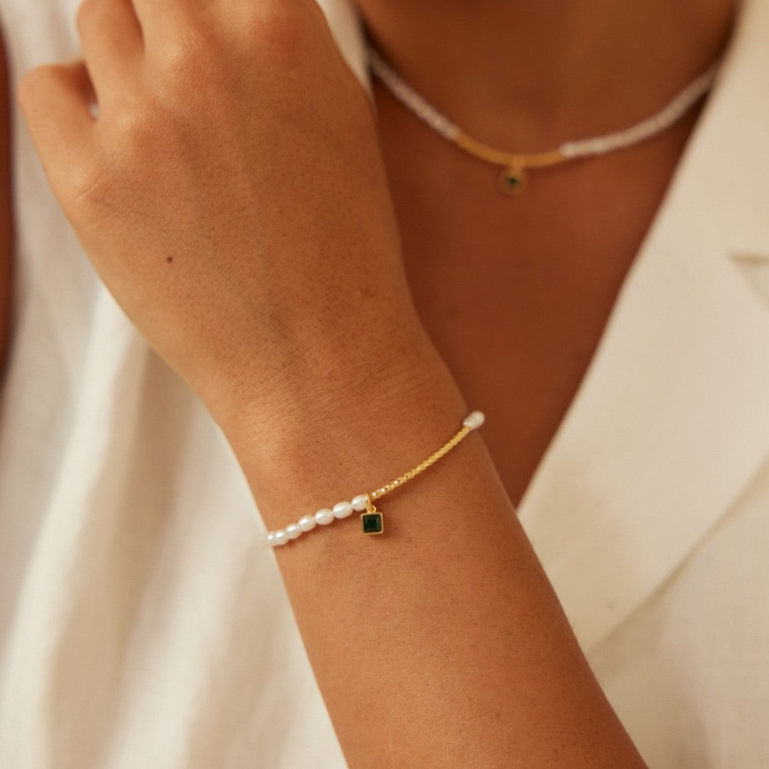 Green Zircon Pendant Pearl Bracelet