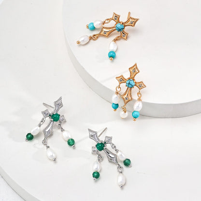 Turquoise/Green Agate＆Pearl Earrings