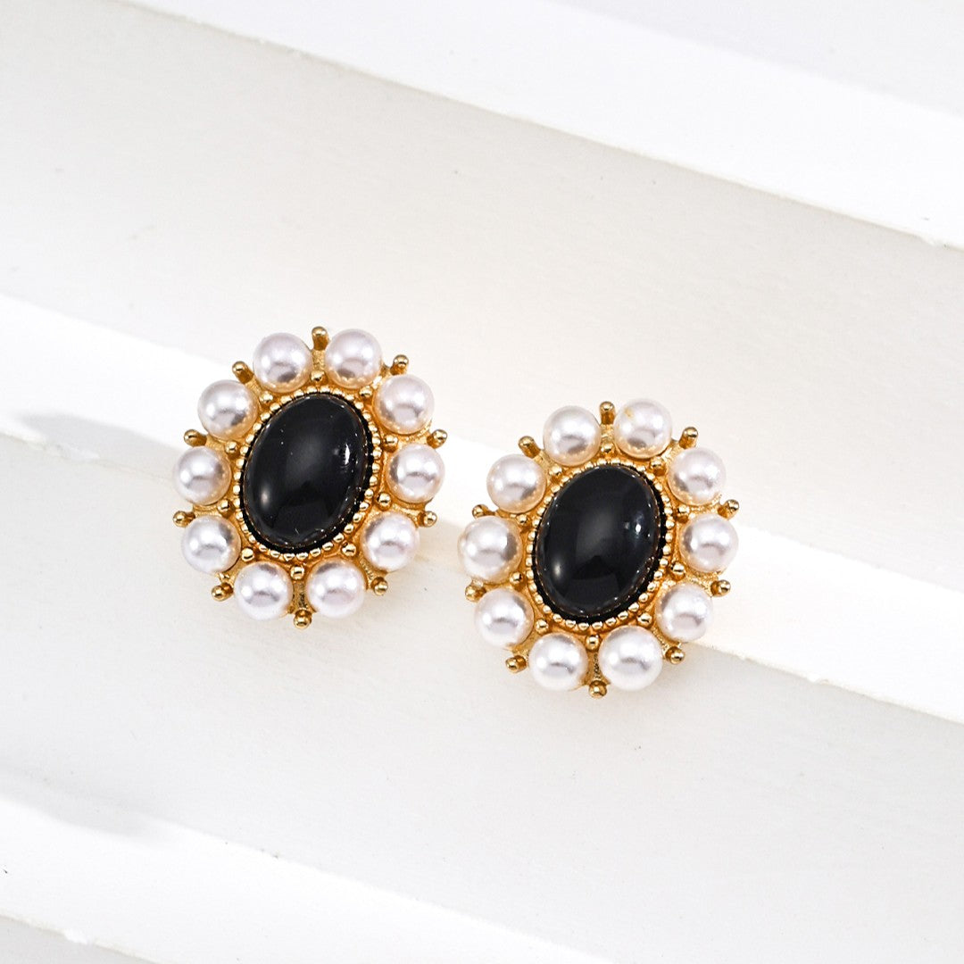 Pearl ＆ Black Agate Earrings