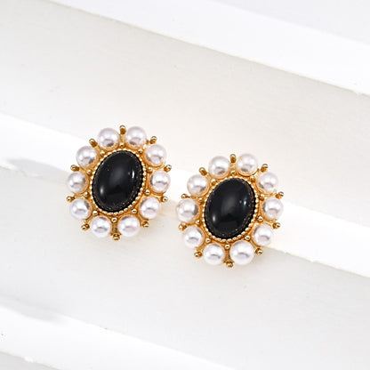 Pearl ＆ Black Agate Earrings
