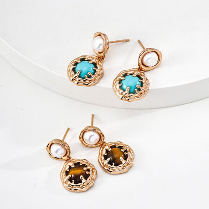 Tiger-Eye Stone/Turquoise Pendant Earrings