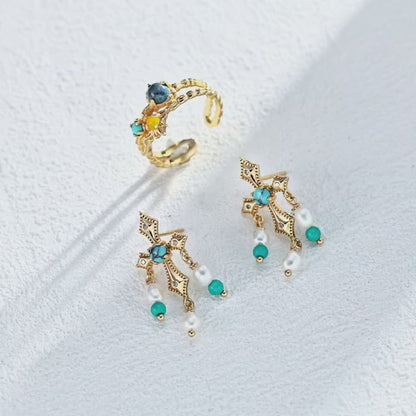 Turquoise/Green Agate＆Pearl Earrings